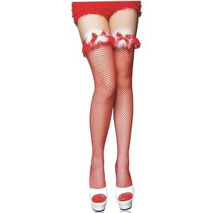 Red Fishnet Thigh-High Stockings with Feather Bow